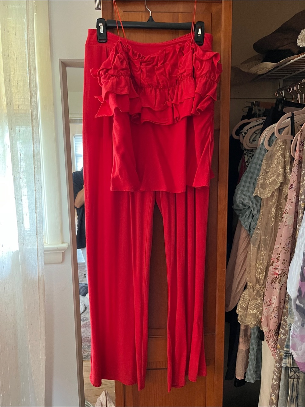 Sienna Sky Red Wide-Leg Ruffle Jumpsuit